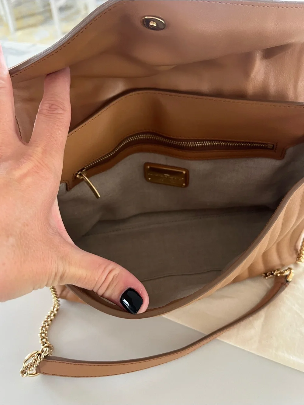 Salvatore Ferragamo Quilted Calfskin Flap Chain Shoulder Bag in Sienne Tan Camel